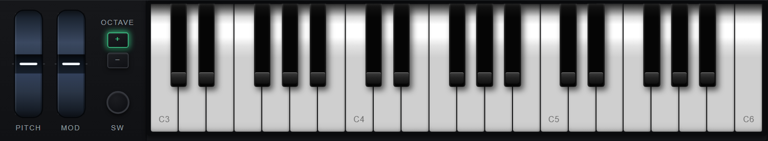 The keybed and the cheek on its left: two wheels captioned PITCH
               and MOD, then a column reading OCTAVE over a plus button lit
               green and a minus button that is not, and a round button
               captioned SW below them. The C keys are marked C3, C4, C5 and
               C6, one octave above their resting C2 to C5.