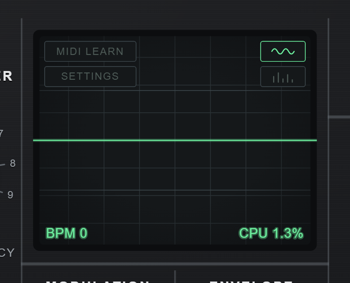 The oscilloscope screen. Two buttons stack in its top-left
               corner, MIDI LEARN above SETTINGS; in the top-right corner two
               smaller buttons carry drawings rather than words - a single
               smooth wave, highlighted, above a row of five bars. A green
               horizontal trace crosses the middle of the screen, and along the
               bottom edge it reads BPM 0 on the left and the CPU load on the
               right.